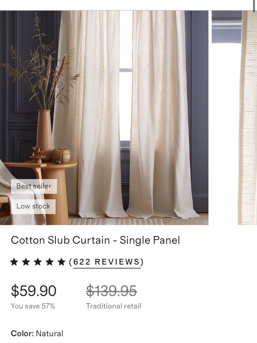 Quince Natural Cotton Slub Curtain Panel